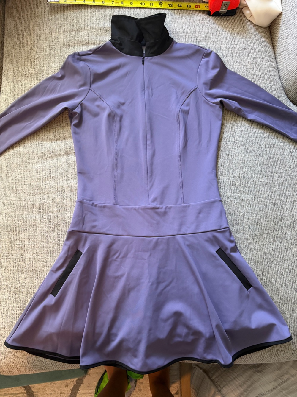 Long-Sleeve Lavender Fit & Flare Dress with Black Trim